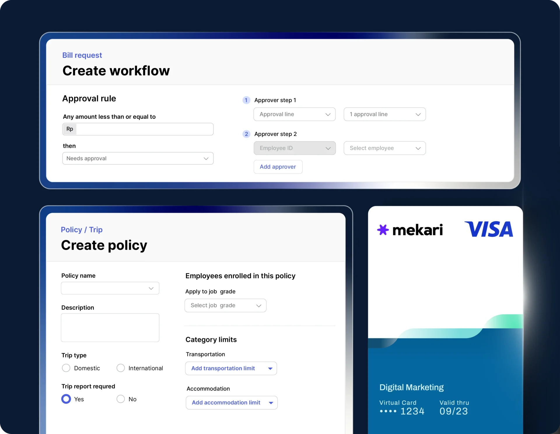 Antarmuka formulir pembuatan workflow dan kebijakan menampilkan bidang persetujuan, aturan, dan opsi kebijakan; di sampingnya mockup kartu virtual Mekari-VISA; latar belakang berwarna biru gelap.