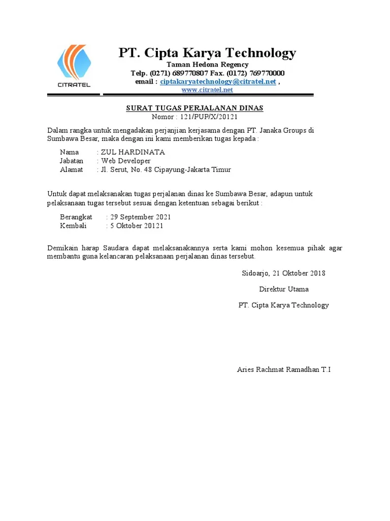 contoh surat tugas perjalanan dinas karyawan swasta
