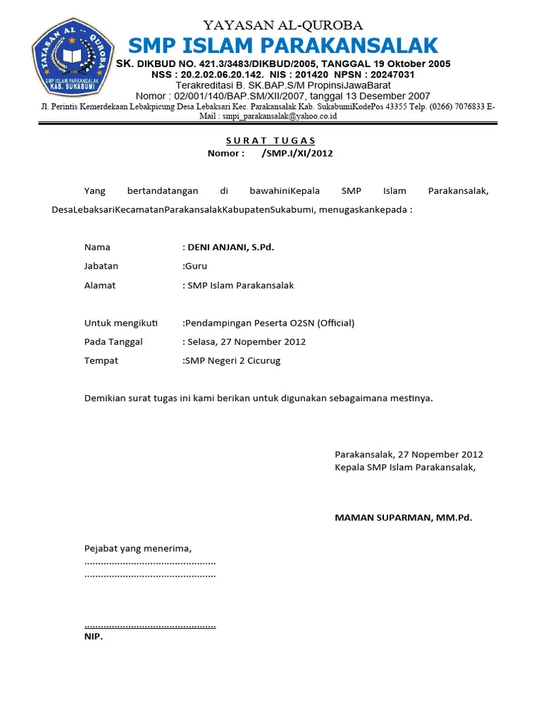 Contoh surat perintah perjalanan dinas guru / tenaga pendidikย