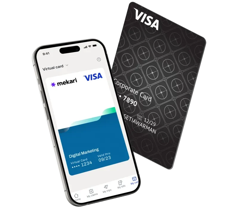 Sebuah ponsel menampilkan kartu Visa virtual bertema "Digital Marketing"; di belakangnya tampak kartu Visa korporat hitam bermotif geometris, keduanya diletakkan di latar gelap.