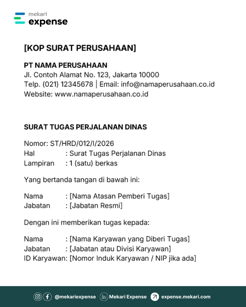 Surat tugas perjalanan dinas menampilkan kop perusahaan "Mekari Expense", format isian nomor, hal, lampiran, nama/jabatan pemberi tugas dan karyawan, dengan footer hijau berisi ikon kontak.