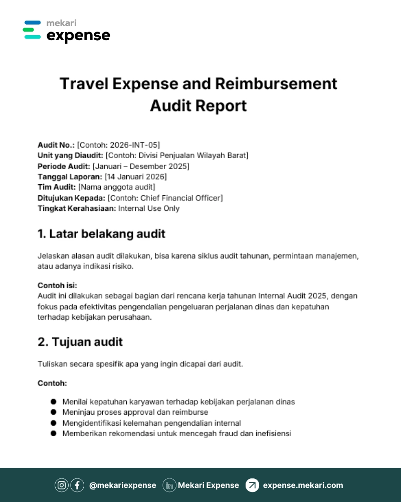 Laporan audit perjalanan menampilkan judul besar, rincian audit (nomor, periode, tim) dan tujuan; halaman berlatarkan putih dengan logo Mekari Expense di sudut atas dan footer hijau berikon.
