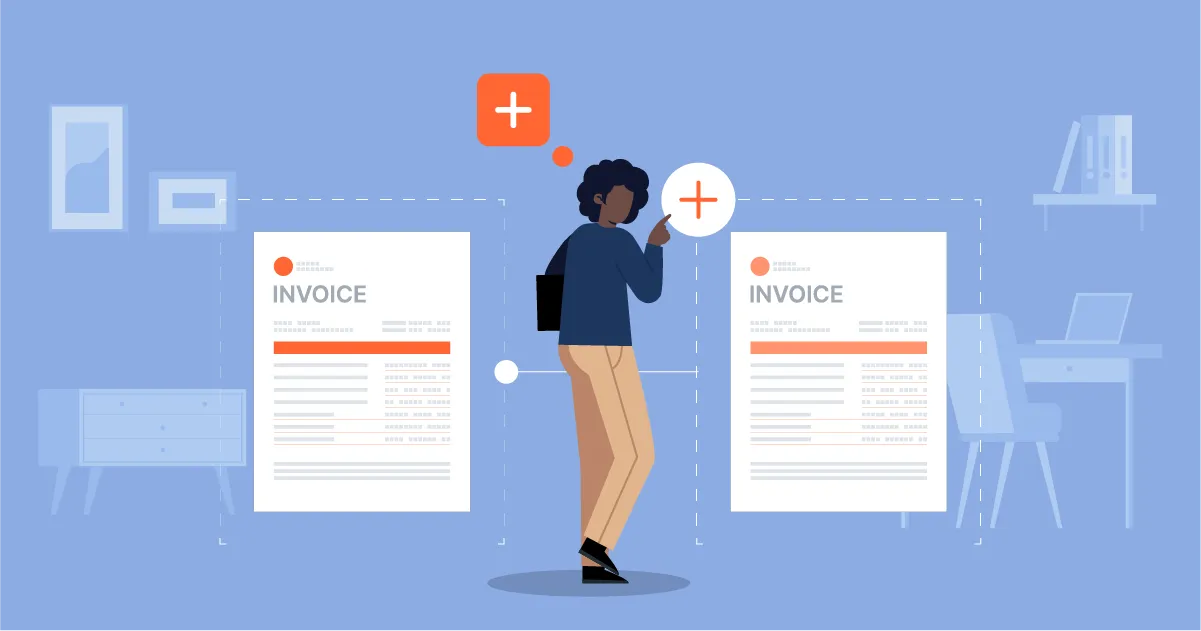 Seseorang berdiri di tengah menunjuk ikon plus, memilih atau menambah salah satu dari dua dokumen berjudul "INVOICE"; latar berupa ruang kerja minimalis berwarna biru dengan meja, kursi, dan rak.