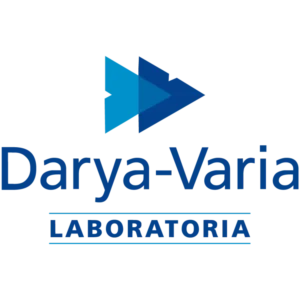 Dua segitiga biru bertumpuk membentuk panah ke kanan, berada di atas nama "Darya‑Varia"; tulisan "LABORATORIA" tersusun dalam kotak di bawah, desain minimalis korporat.