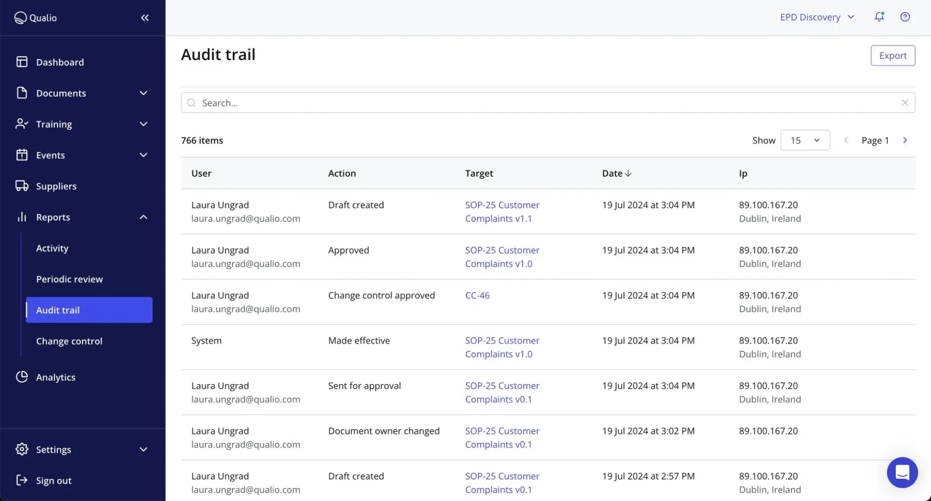 Qualio Audit Trail Software