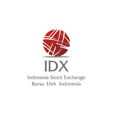 Logo IDX menampilkan bola merah bergaris putih bergaya global di atas teks "IDX" dan keterangan "Indonesia Stock Exchange" serta "Bursa Efek Indonesia" pada latar putih.