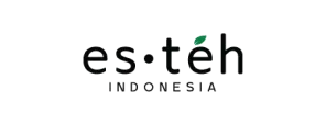 Logo merek "esโขteh" menampilkan tulisan hitam dengan elemen hijau berbentuk daun di atas huruf "h", disusun di atas kata kecil "INDONESIA", pada latar belakang hitam.