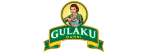 Logo merek "Gulaku Murni" menampilkan ilustrasi perempuan memegang mangkuk dan sendok, ditempatkan di lingkaran kuning di atas pita hijau bertuliskan nama merek; desain bersih dan kontras.