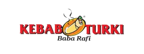Logo restoran menampilkan tusuk daging rotisserie yang sedang diiris, dikelilingi teks besar merah "KEBAB TURKI" dan tulisan kecil "Baba Rafi" di latar hitam.