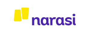 Logo "narasi" berwarna ungu, menampilkan teks huruf kecil tebal; di kiri dua kotak segiempat kuning bertumpuk; ditempatkan pada latar putih dengan bayangan abu-abu.