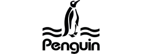 Siluet penguin berdiri tegak di atas kata "penguin", menggunakan gaya logo hitam sederhana pada latar putih, tanpa elemen visual lain.