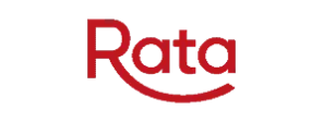 Teks logo "Rata" berwarna merah tampil, huruf tebal disambung oleh garis lengkung menyerupai senyum; latar belakang hitam polos.