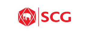 Logo perusahaan SCG menampilkan siluet gajah putih di dalam segi enam merah di sebelah tulisan "SCG" merah, dipisahkan garis vertikal abu-abu pada latar putih.