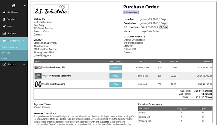 Tradogram purchase order