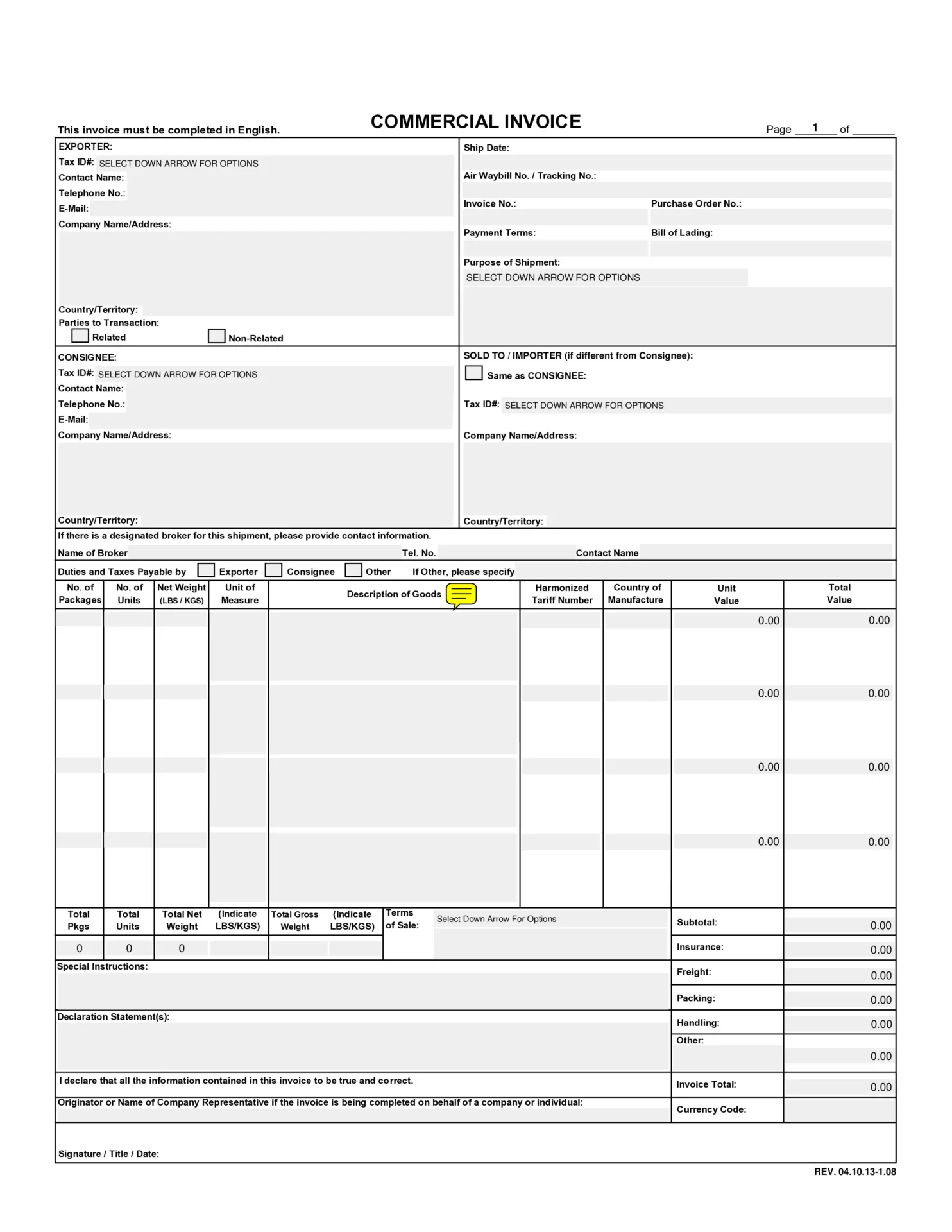 contoh commercial invoice fedex