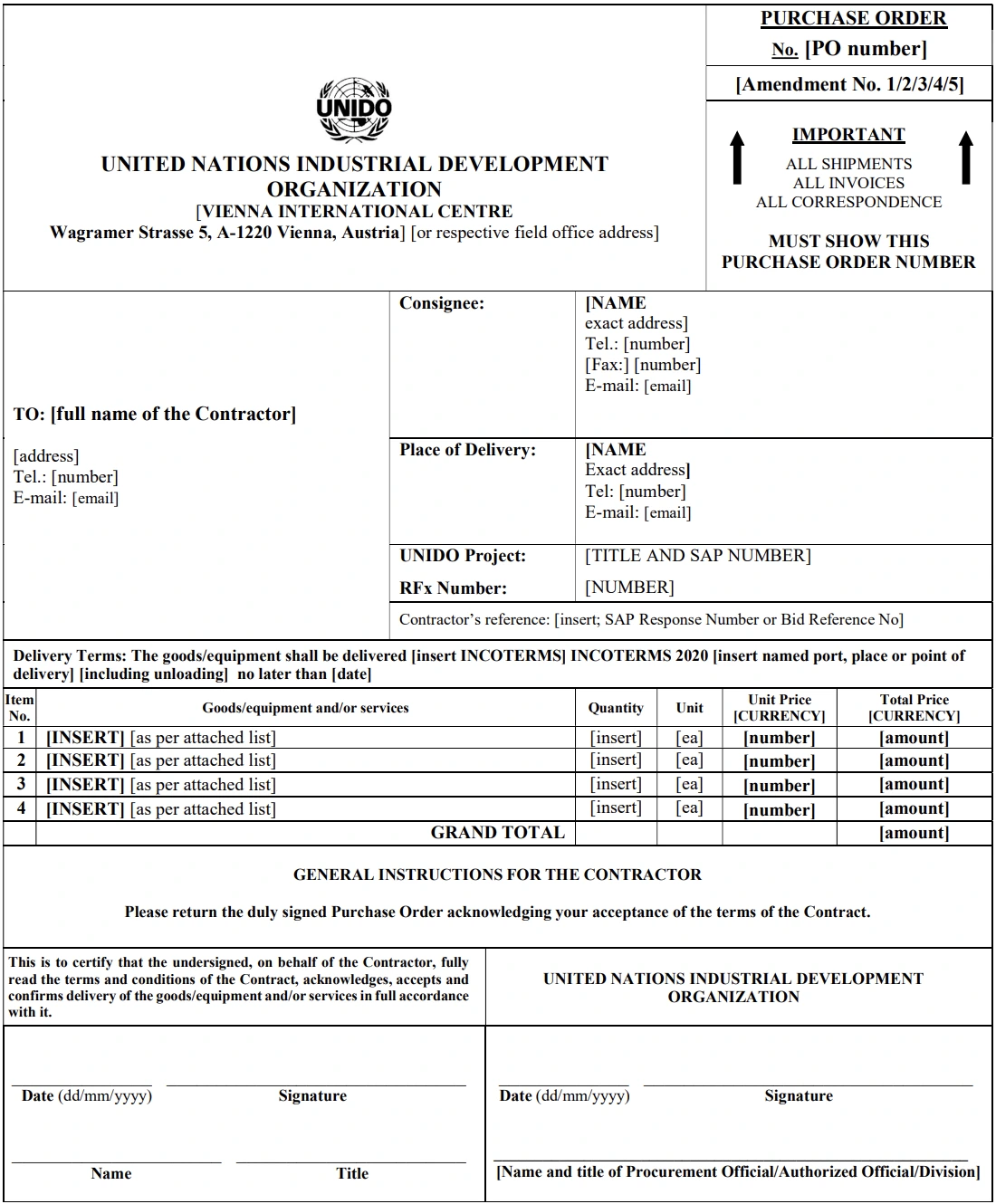 Model Purchase Order dari UNIDO